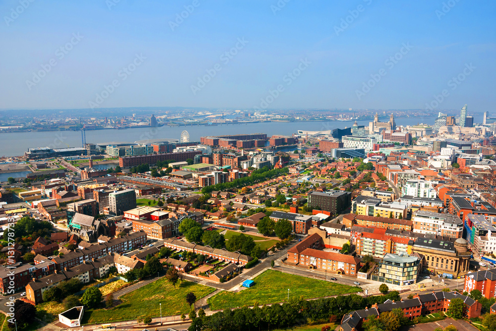 Liverpool, UK. Aerial view of downtown