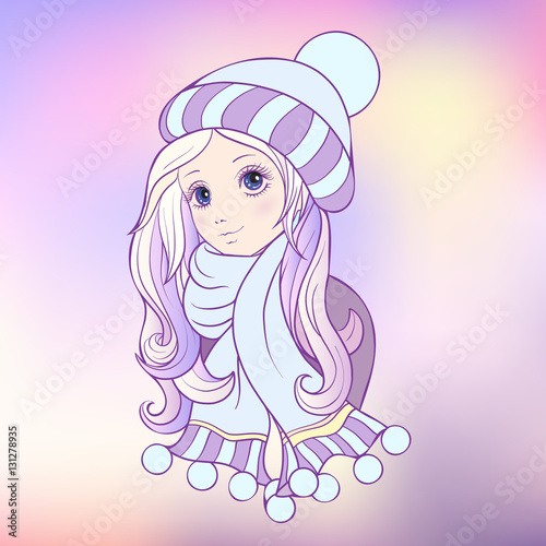 The girl with big eyes in a winter hat and scarf. illustration i