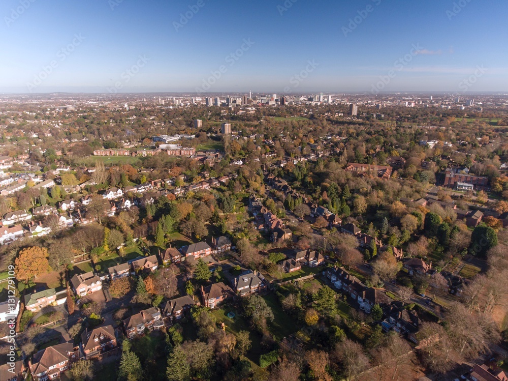 Aerial view of Birmingham city centre from over a residential area.