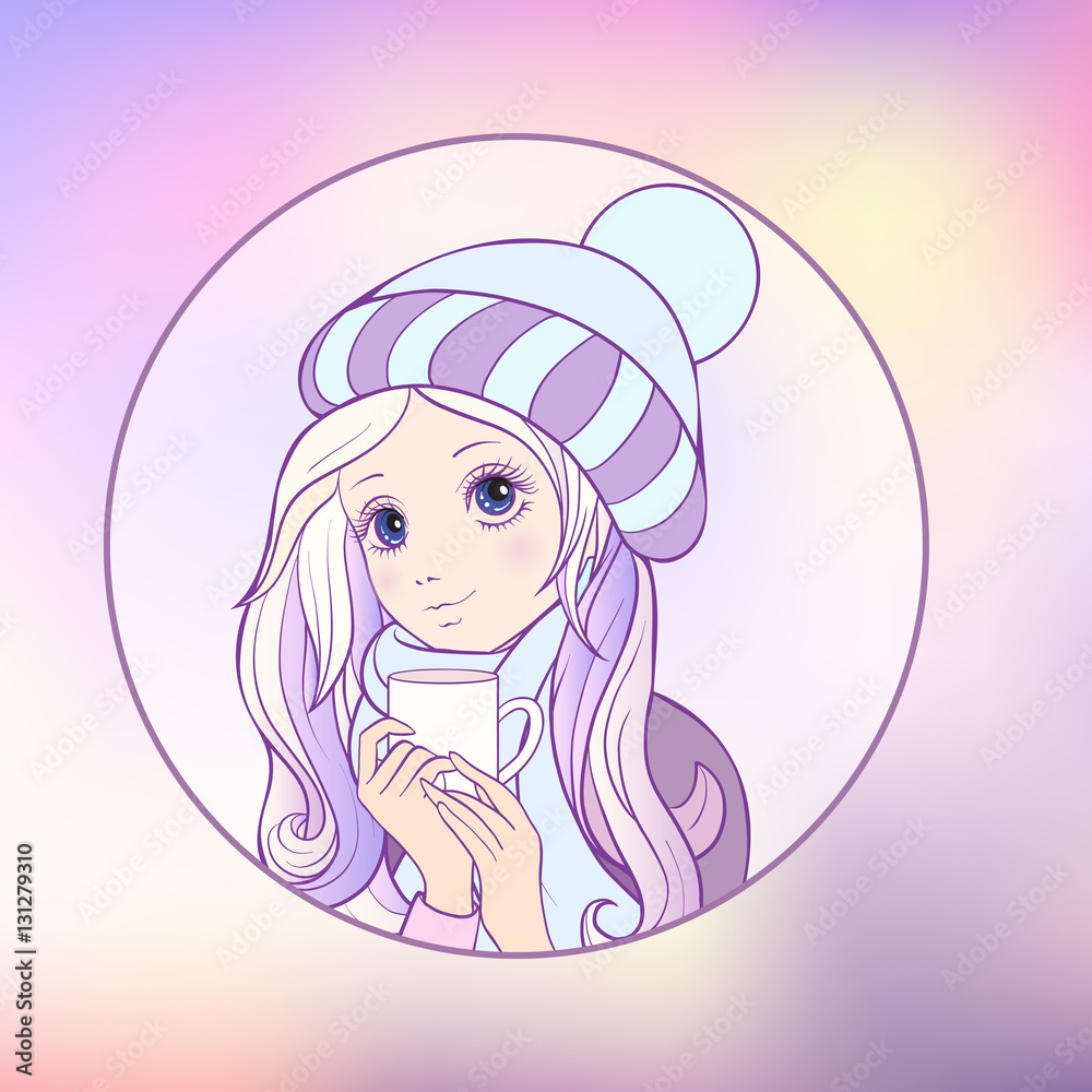 The girl with big eyes in a winter hat and scarf and cap of tea. The girl with big eyes in a winter hat and scarf and cap of tea.
