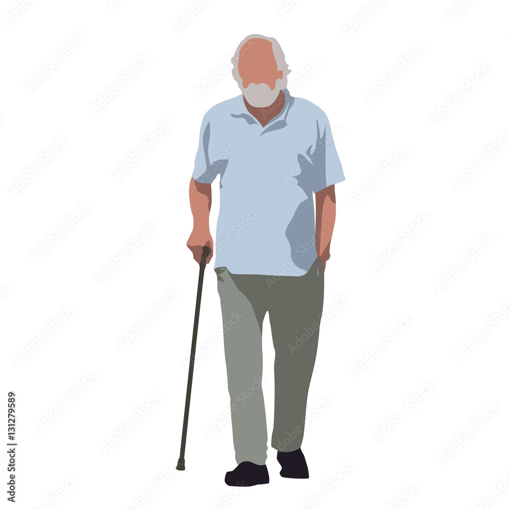 Old man walks and relies on cane. Flat vector illustration