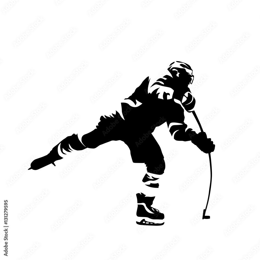 Naklejka premium Ice hockey player shooting puck, abstract black vector silhouett
