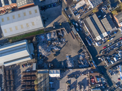 Aerial view of an industrial area and metal scrapyard.