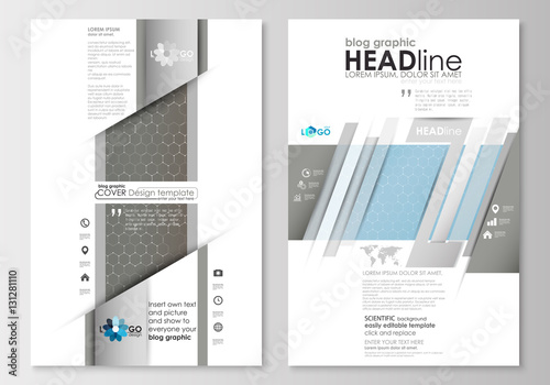 Blog graphic business templates. Page website template, easy editable, abstract vector layout. Scientific medical research, chemistry pattern, hexagonal design molecule structure, science background.