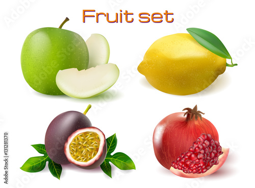 Vector realistic 3d fruit set. Passionfruit, pomegranate, lemon apple isolated