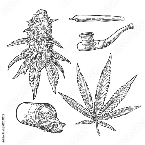 Marijuana buds, leaves, bottle , cigarettes and pipe for smoking.
