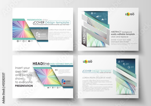 Set of business templates for presentation slides. Easy editable layouts in flat style, vector illustration. Colorful background with abstract waves, lines. Bright color curves. Motion design.