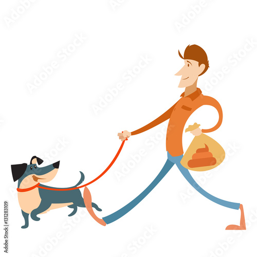 Man with its dog and a bag for gogs poop