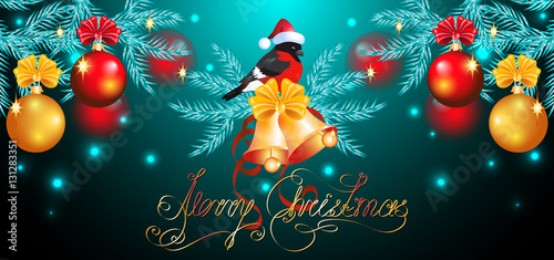 Christmas card with decorative balls, spruce, golden bells and bullfinches in Santa hat