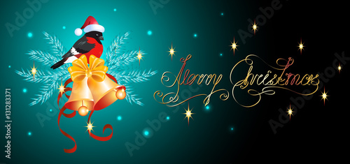 Christmas card with decorative  spruce, golden bells and bullfinches in Santa hat
