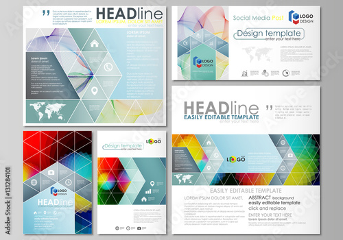 Social media posts set. Business templates. Flat style template, vector layouts in popular formats. Colorful design with overlapping geometric shapes and waves forming abstract beautiful background.