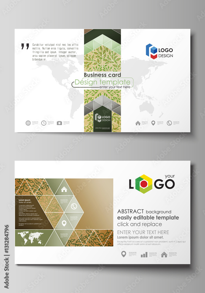 Business card templates. Easy editable layouts, vector template. Abstract green color wooden design. Wood texture with leaves. Spa concept natural pattern in linear style.