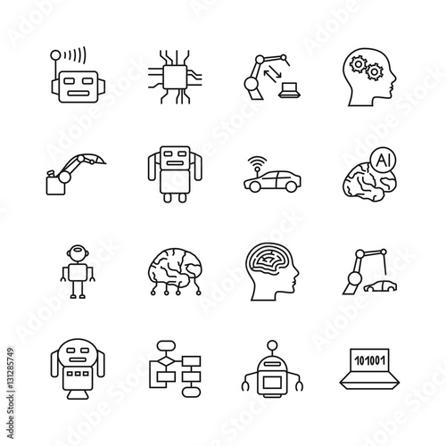 Artificial intelligence AI line icons. Robot intellect and cyborg chip mind signs