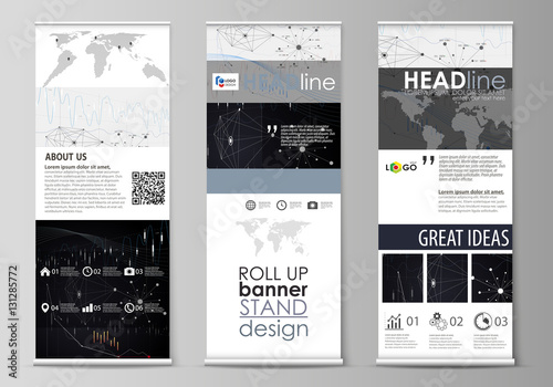 Roll up banner stands, geometric design templates, business concept, corporate vertical vector flyers, flag layouts. Abstract infographic background with lines, symbols, other elements.