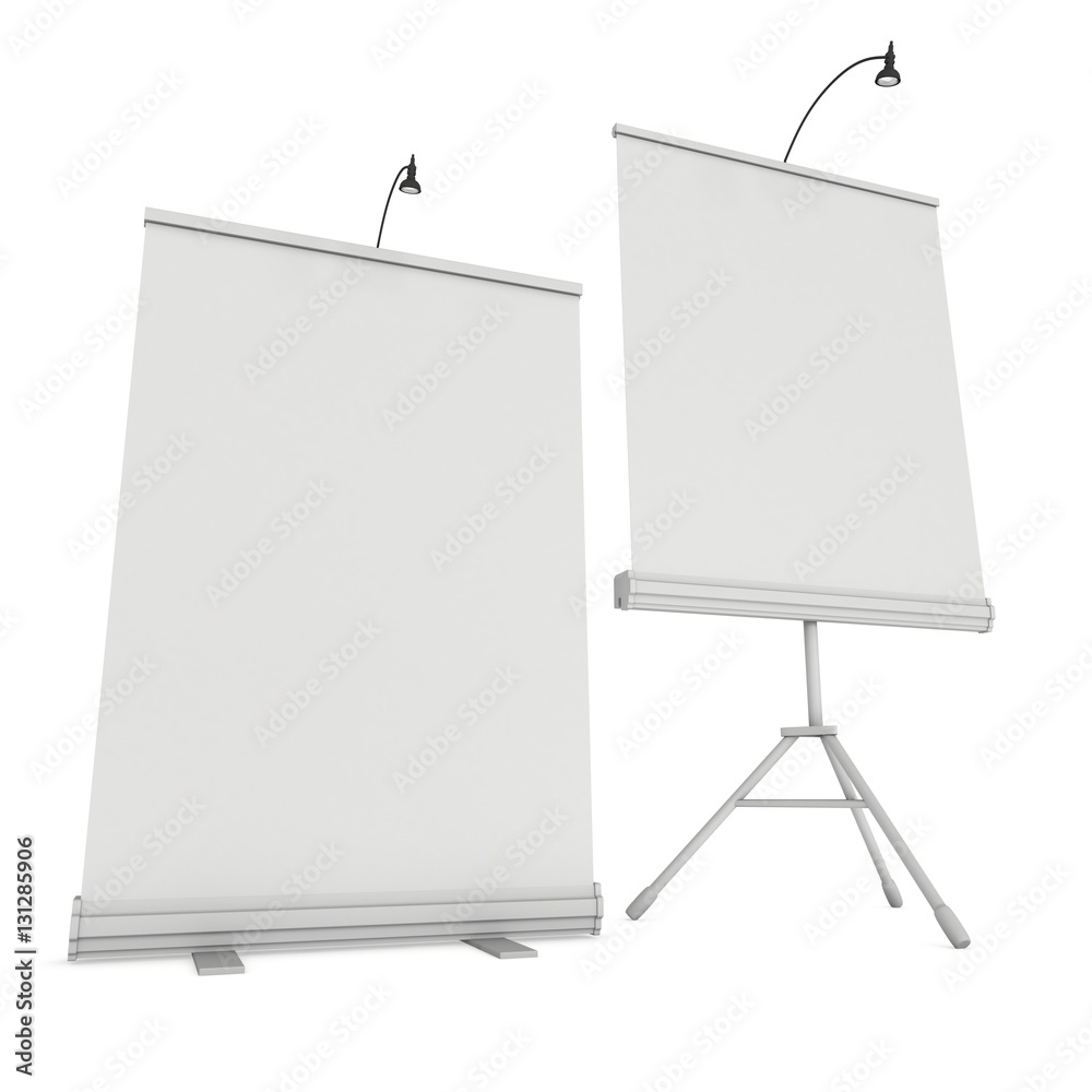 Blank Roll Up Expo Banner Stand Group. Trade show booth white and blank. 3d render illustration isolated on white background. Template mockup for your expo design. Blank Roll Up Expo Banner Stand Group. Trade show booth white and blank. 3d render illustration isolated on white background. Template mockup for your expo design.