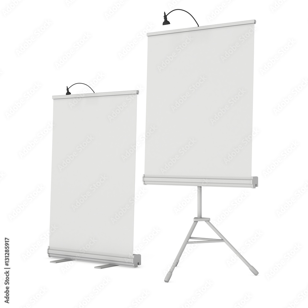 Blank Roll Up Expo Banner Stand Group. Trade show booth white and blank. 3d render illustration isolated on white background. Template mockup for your expo design. Blank Roll Up Expo Banner Stand Group. Trade show booth white and blank. 3d render illustration isolated on white background. Template mockup for your expo design.