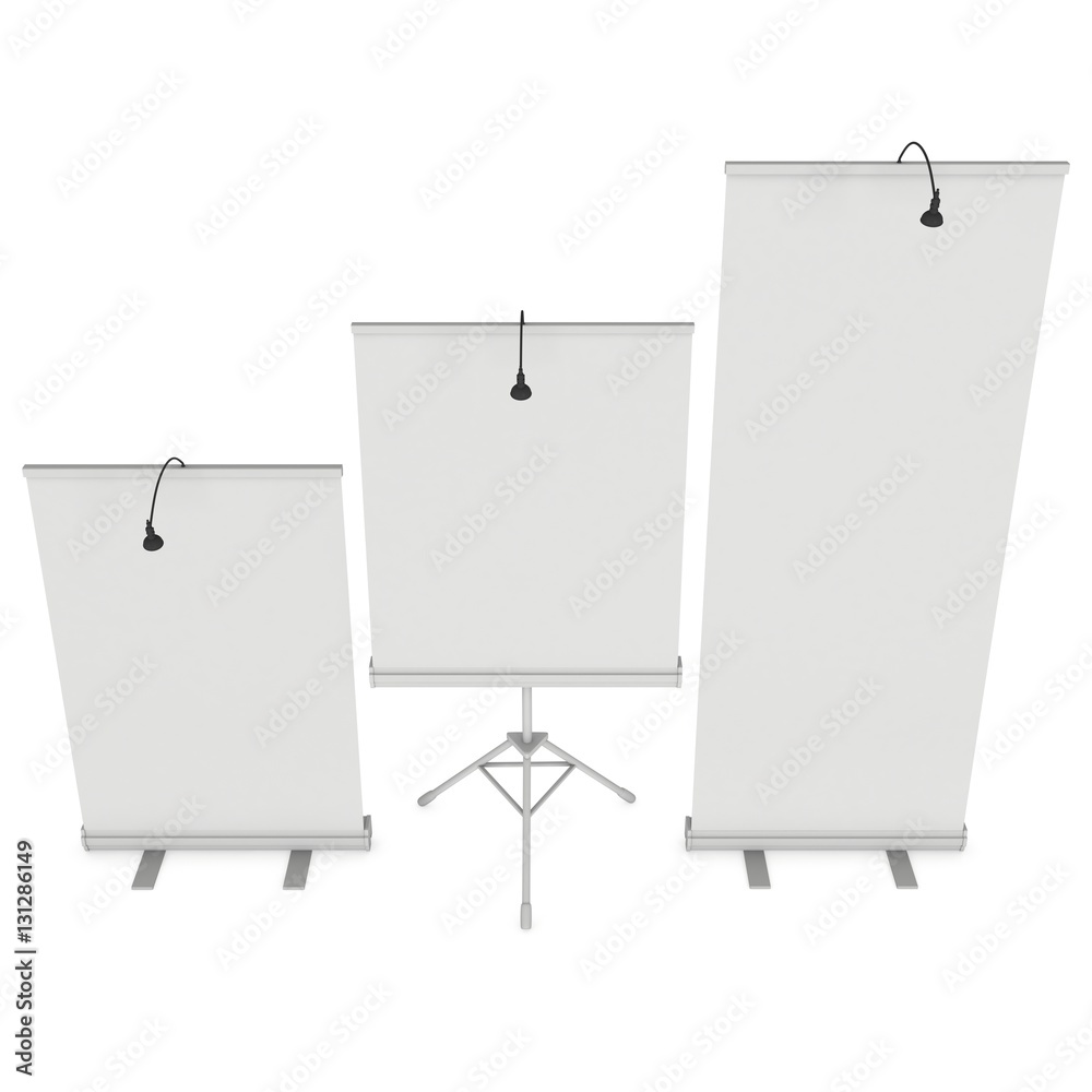 Blank Roll Up Expo Banner Stand Group. Trade show booth white and blank. 3d render illustration isolated on white background. Template mockup for your expo design. Blank Roll Up Expo Banner Stand Group. Trade show booth white and blank. 3d render illustration isolated on white background. Template mockup for your expo design.