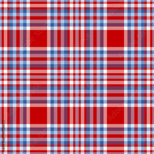 Seamless tartan plaid pattern. Checkered fabric texture print in palette of moderate blue, light blue, white and bright red. 