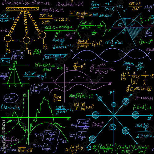 Mathematical vector educational seamless pattern with multicolored formulas, equations and calculations
