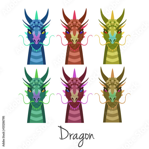Vector colored dragon head set Animal of Chinese zodiac symbol