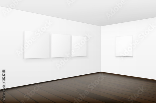 Vector Blank White Mock Up Posters Pictures Frames on Walls with Brown Wooden Floor in Gallery
