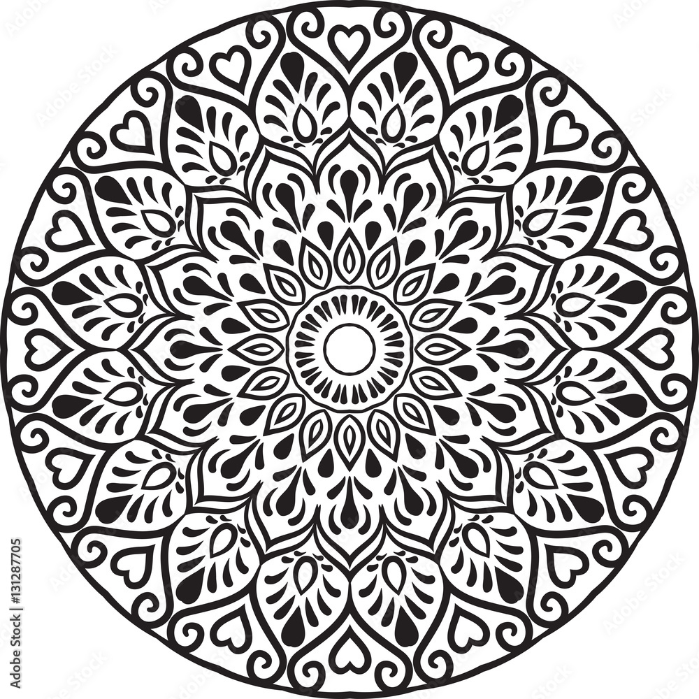 Drawing of a abstract vector with floral round lace mandala, decorative element in ethnic tribal style, black line art on a white background