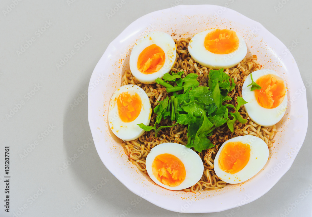 Tom Yum Instant Noodles with Boiled Egg. Hot and Spicy food thailand style. Tom Yum Instant Noodles with Boiled Egg. Hot and Spicy food thailand style.