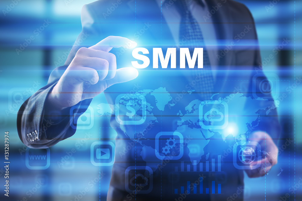 Businessman selecting smm on virtual screen. Businessman selecting smm on virtual screen.