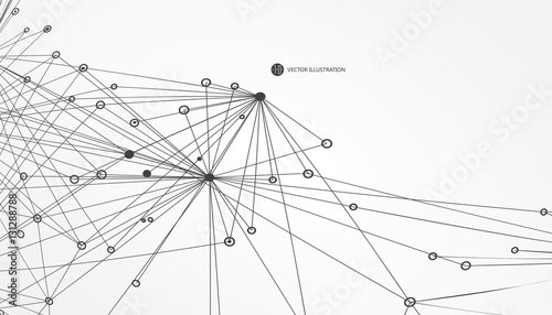 Dotted lines connected to the abstract graphics, network connections.