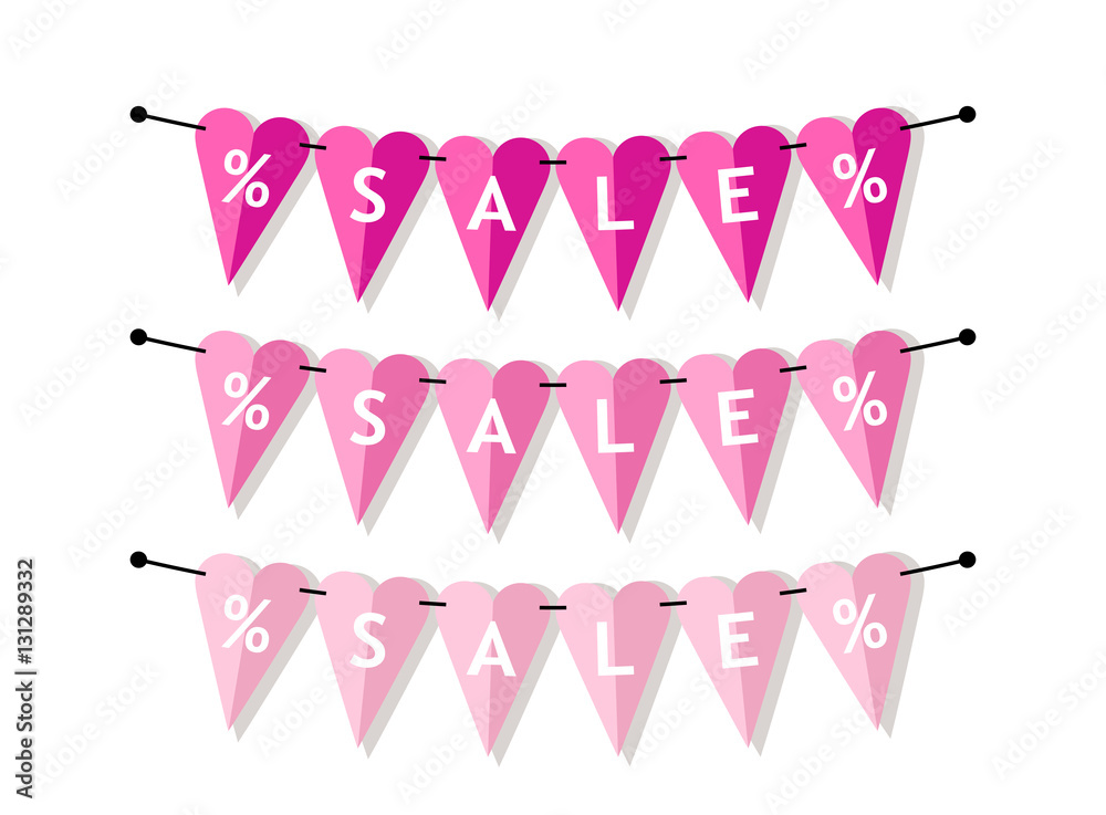 Eye catching set of heart shaped Valentines Day SALE bunting flags as different bright garlands with percent symbols