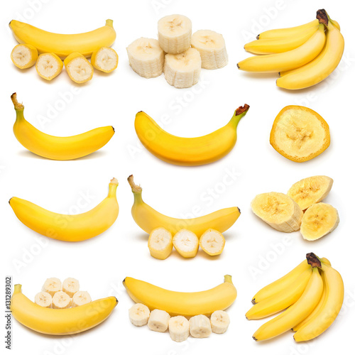 Collection of bananas isolated on white background. Flat lay, to