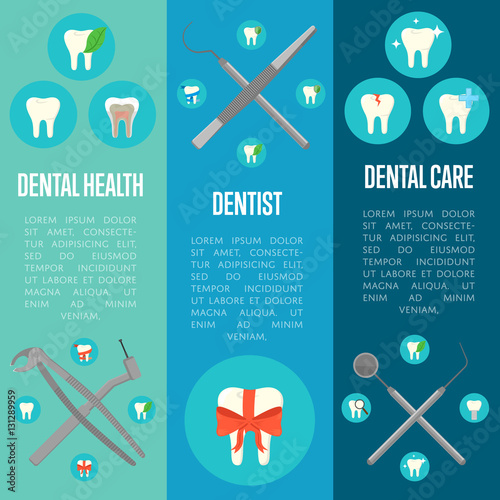 Dental health, dentist and dental care vertical flyers with crosswise medical instruments and teeth symbols. Dental treatment and hygiene concept. Tooth care and restoration. Stomatology clinic set