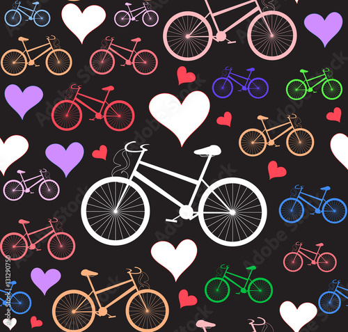 Vector seamless pattern with bikes and hearts, "colorful chalk on blackboard" effect