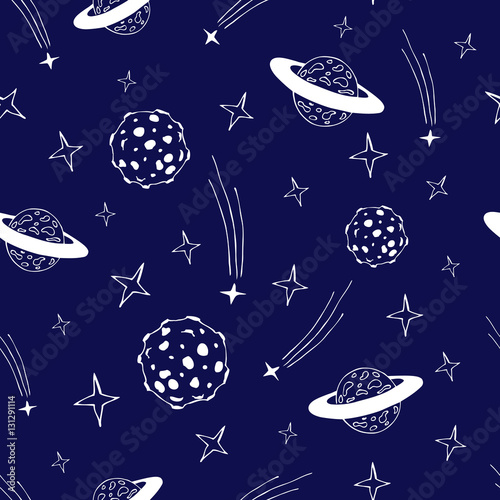 Doodle space seamless pattern with planets