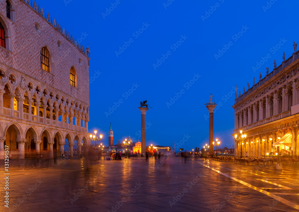 Square San Marco with two columns at night, Venice, Italy
