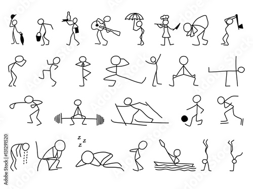 Cartoon icons set of sketch little people in cute miniature scenes.