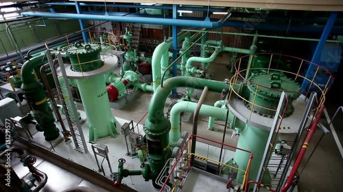 Atomic power station. Panorama of the machine room of a nuclear power plant. HD