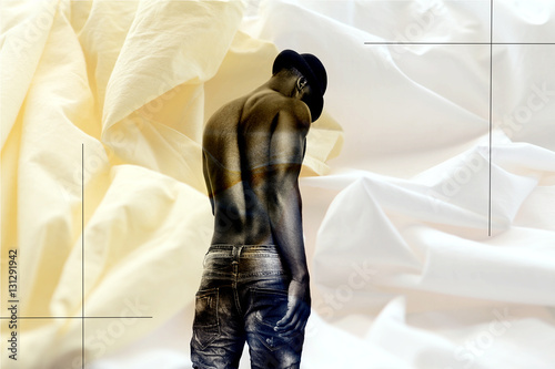 Double exposure of african man back portrait and sheets photo