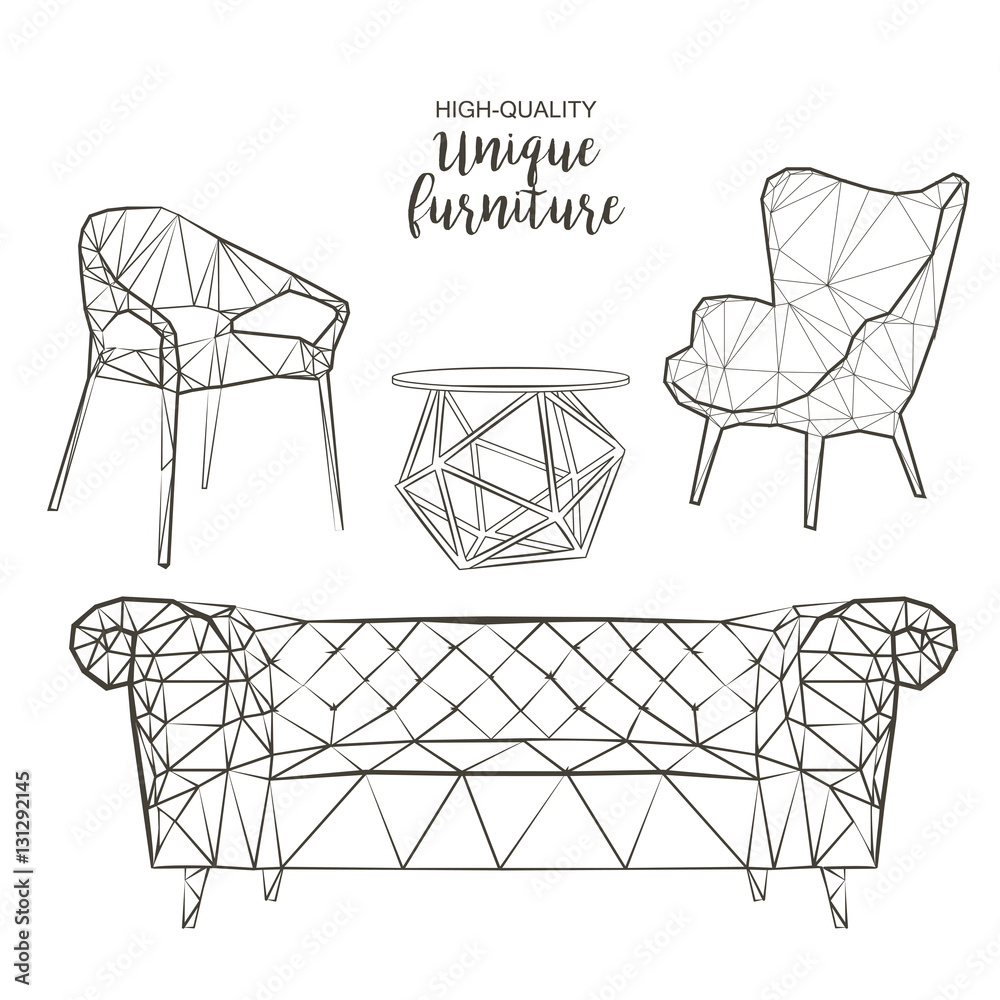 vector sketch polygonal chairs sofa coffee table Stock Vector | Adobe Stock