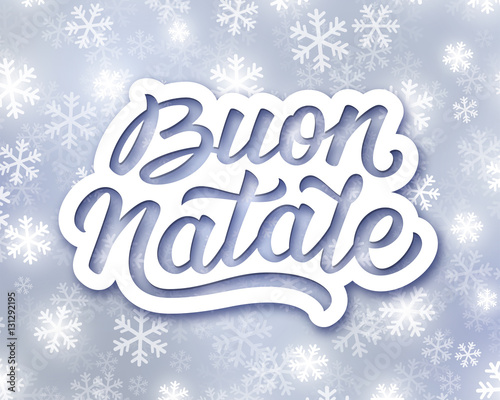 Merry Christmas hand lettering text in italian on festive winter background with snowflakes. Vector greeting card design template for Xmas with typography