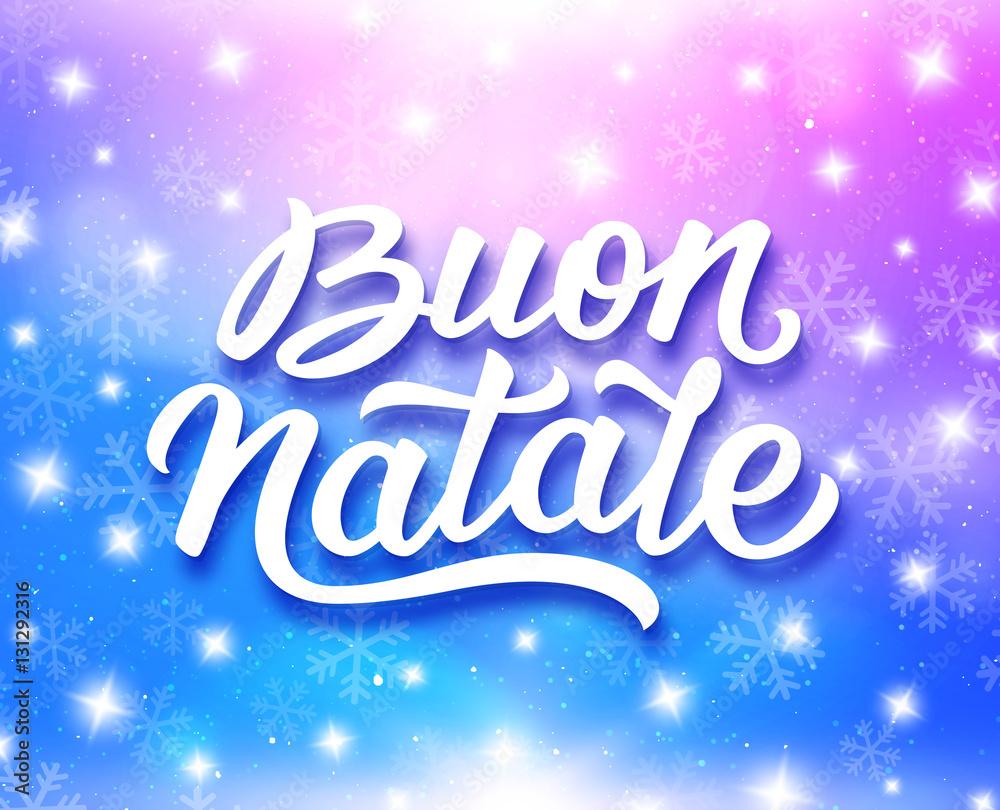 Merry Christmas calligraphic text in italian on greeting card with magic light, stars and snowflakes on colorful background. Vector design with lettering for winter holidays