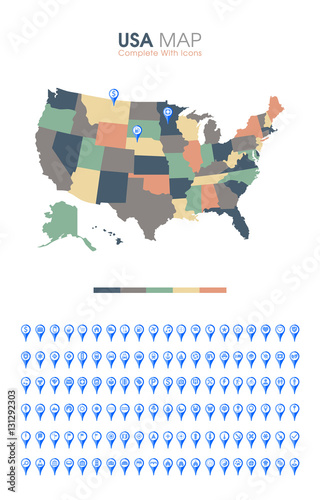 USA map. complete with icons. soft color