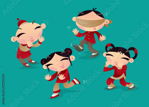 Chinese kids playing "blind chicken" (Popular kids' game in Southern China). Similar to the game of hide-and-seek, but catcher needs to be covered his eyes and listen hints by others while seeking.