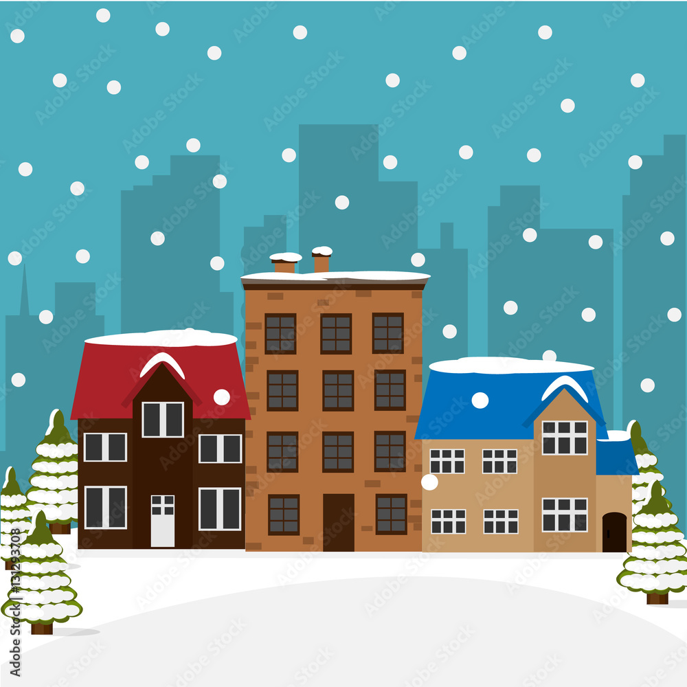 Winter town. Christmas cityscape. New year and Xmas holidays design.