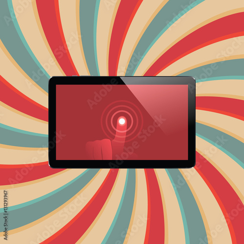 Digital tablet with shiny sensor screen with touch hand. Electronic smart device