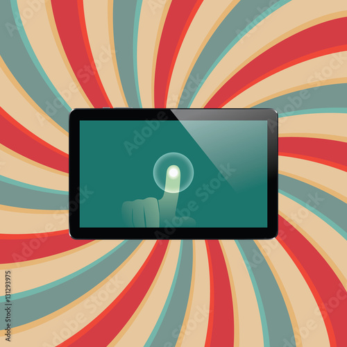 Digital tablet with shiny sensor screen with touch hand. Electronic smart device