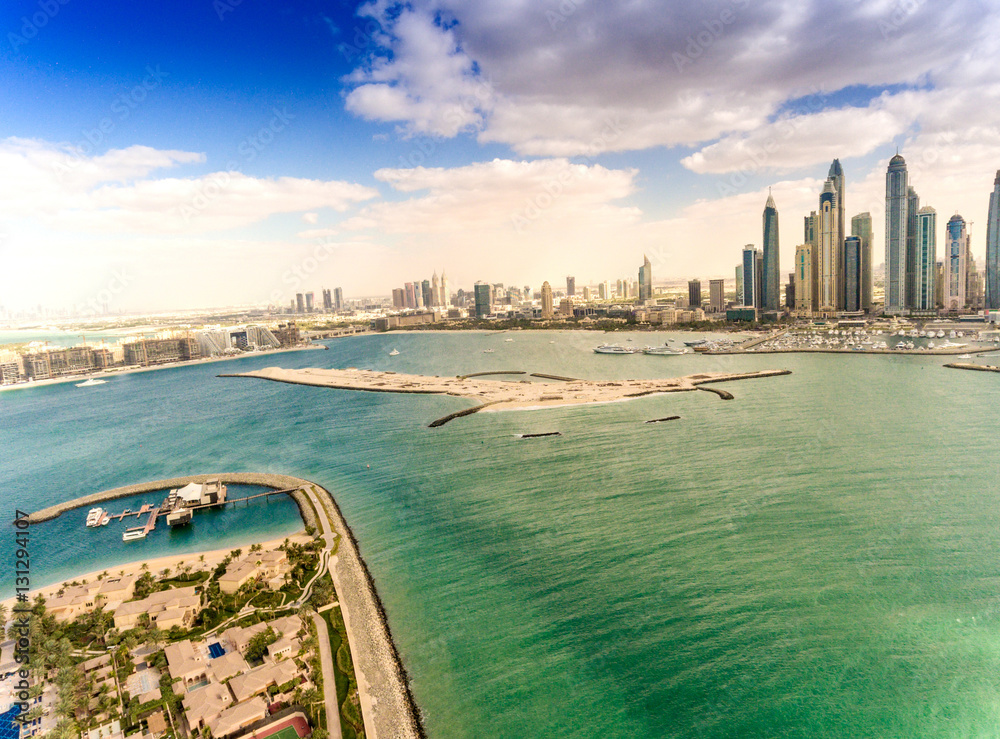 Aerial view of Palm Jumeirah Island and Marina, Dubai