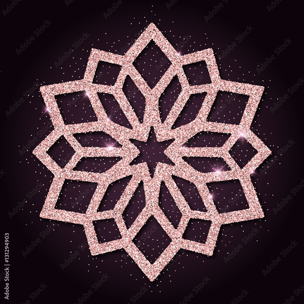 Pink golden glitter enchanting snowflake. Luxurious christmas design element, vector illustration.