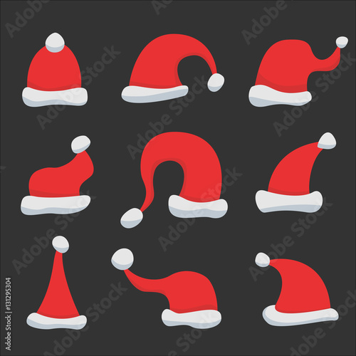 Set of Red Santa Claus Hats on black background. Winter Merry christmas and new year celebration vector illustration.