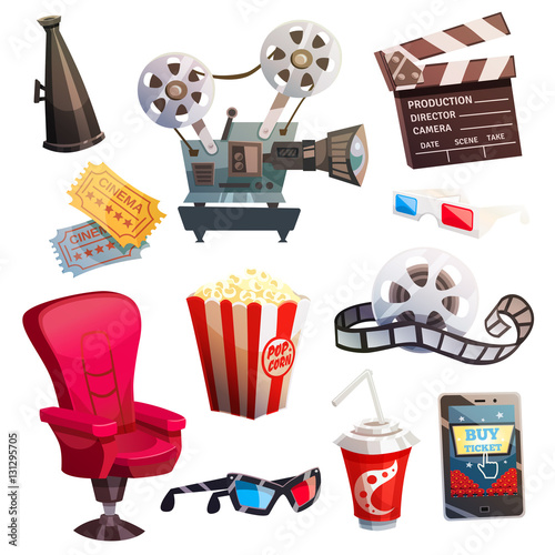 Set Of Colored Isometric Cartoon Cinema Icons